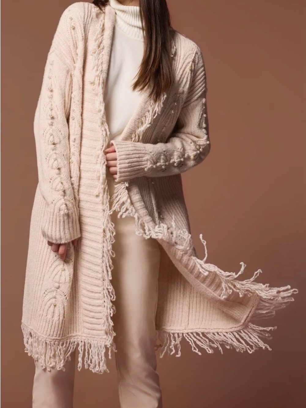 Tribal Senara Sweater Cardigan Medium Moonstone Pearl Fringe Long Boho Knit